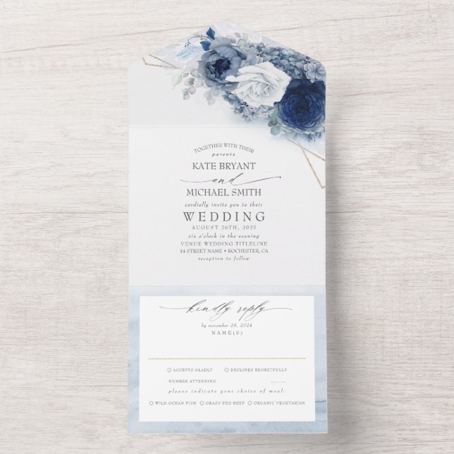 Dusty Blue und Navy Blume Elegante Moderne Hochzei All In One Einladung (Innen Boden)