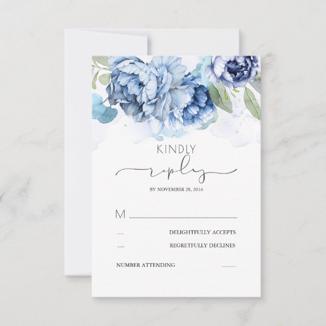 Dusty Blue und Navy-Blume Hochzeit RSVP Karte (Vorderseite)