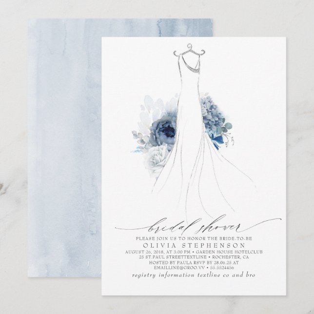 Dusty Blue und Navy Blume kleiden Brautparty in Einladung (Vorne/Hinten)