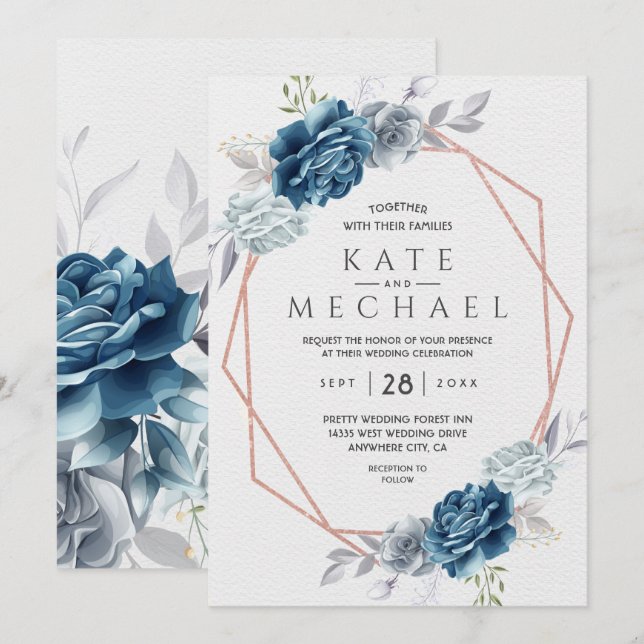 Dusty Blue und Navy Floral Elegant Einladung (Vorne/Hinten)