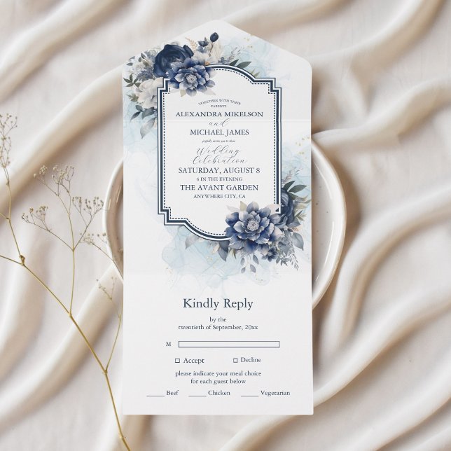 Dusty Blue und Navy Floral Elegante Hochzeit All In One Einladung (Von Creator hochgeladen)