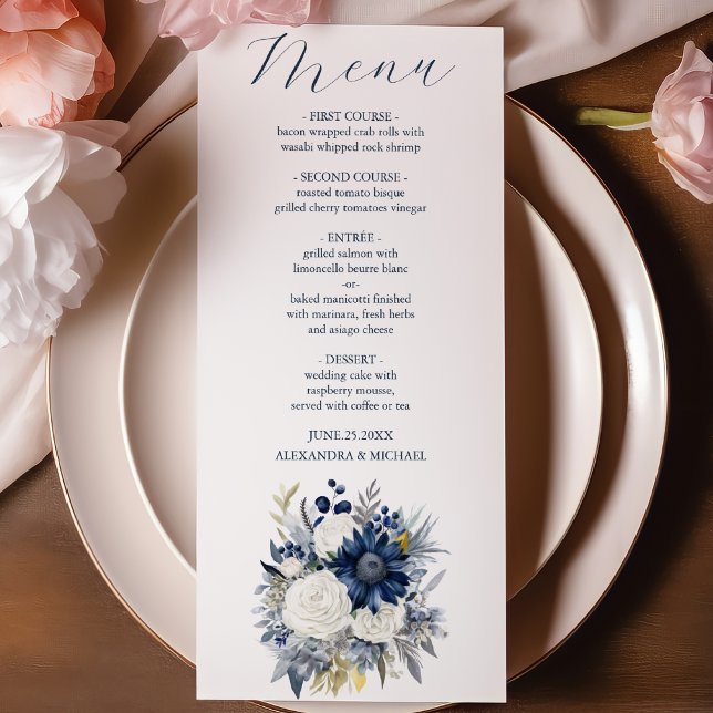 Dusty Blue und Navy Floral Elegante Hochzeit Menükarte (Von Creator hochgeladen)
