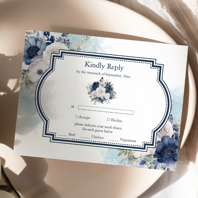 Dusty Blue und Navy Floral Elegante Hochzeit RSVP Karte (Von Creator hochgeladen)