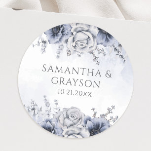 Dusty Blue und Navy Floral Elegante Hochzeit Runder Aufkleber