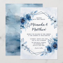 Dusty Blue und Navy Watercolor Peonies Wedding Inv