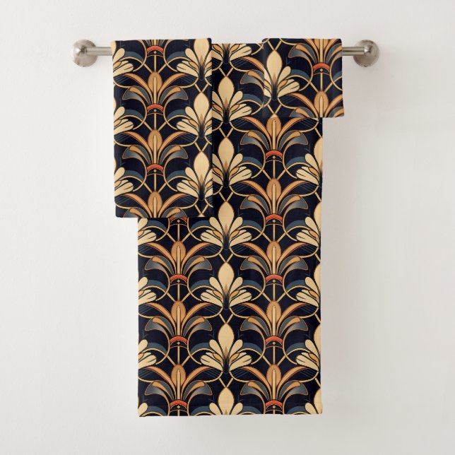 Dusty Blue und Orange Art Deco Badhandtuch Set (Insitu)