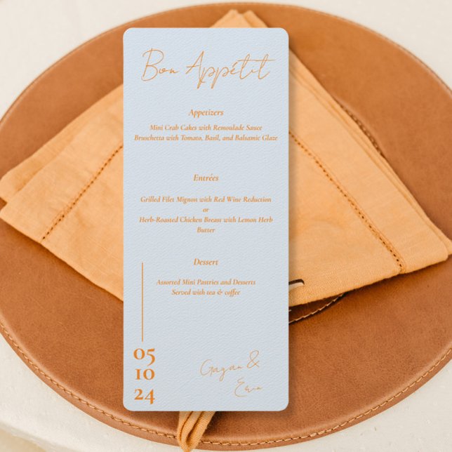 Dusty blue und orange Letter Wedding Menü Menükarte (Von Creator hochgeladen)