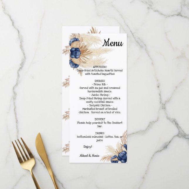  Dusty Blue und Pampas Floral Brautparty Menu Menükarte (Vorderseite/Rückseite Beispiel)