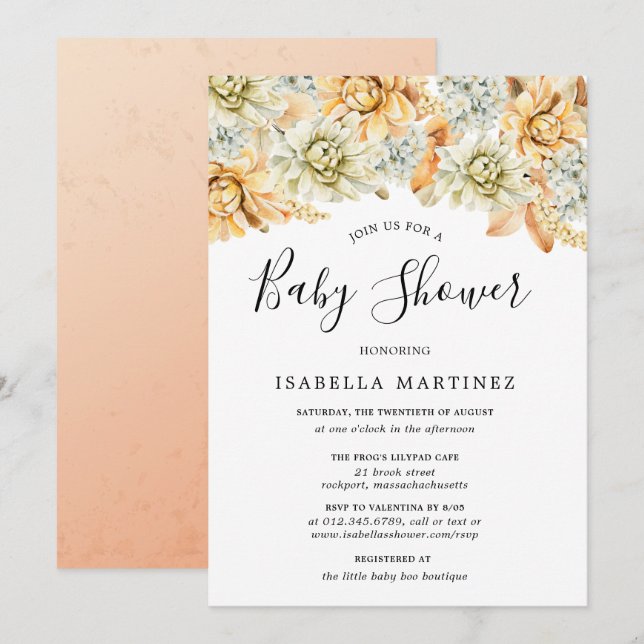 Dusty Blue und Peach Fall Floral Baby Dusche Einladung (Vorne/Hinten)