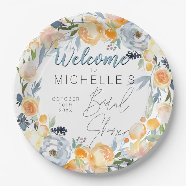 Dusty Blue und Peach Floral Brautparty Pappteller (Vorderseite)