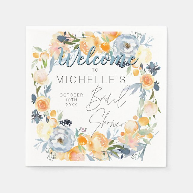 Dusty Blue und Peach Floral Brautparty Serviette (Vorderseite)