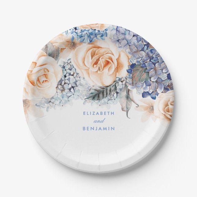 Dusty Blue und Peach Floral Elegante Hochzeit Pappteller (Vorderseite)