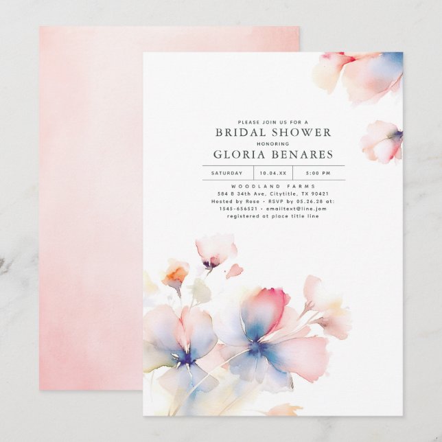 Dusty Blue und Pink Blume Modernes Brautparty Einladung (Vorne/Hinten)