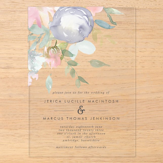 Dusty Blue und Pink Blume Pastel Spring Wedding Acryleinladungen (Vorderseite)