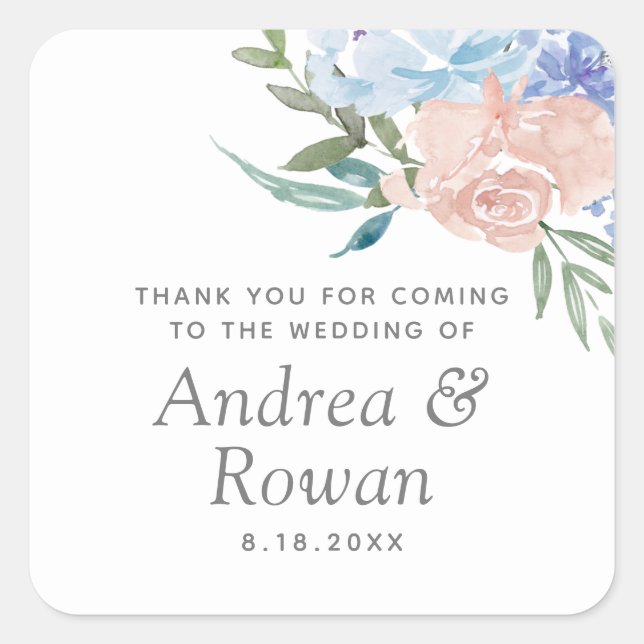 Dusty Blue und Pink Floral Wedding Quadratischer Aufkleber (Vorderseite)