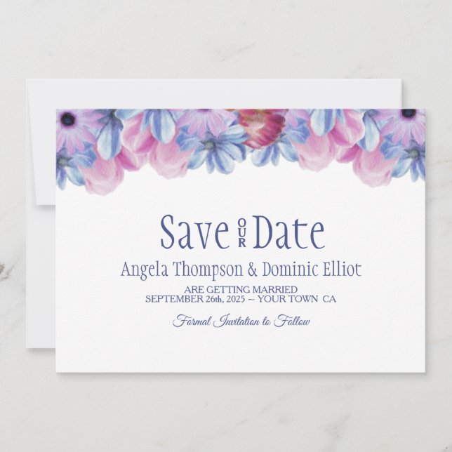 Dusty Blue und Pink Floral Wedding Save the Date (Vorderseite)