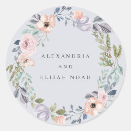 Dusty Blue und Rose Aquarell Floral | Hochzeit Runder Aufkleber