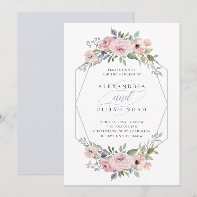 Dusty Blue und Rose Geometric Floral | Hochzeit Einladung (Vorne/Hinten)