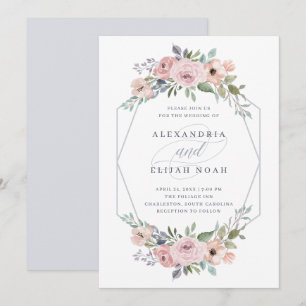 Dusty Blue und Rose Geometric Floral   Hochzeit Einladung