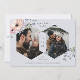 Dusty Blue und Rose Geometric Floral | Zwei Fotos Save The Date