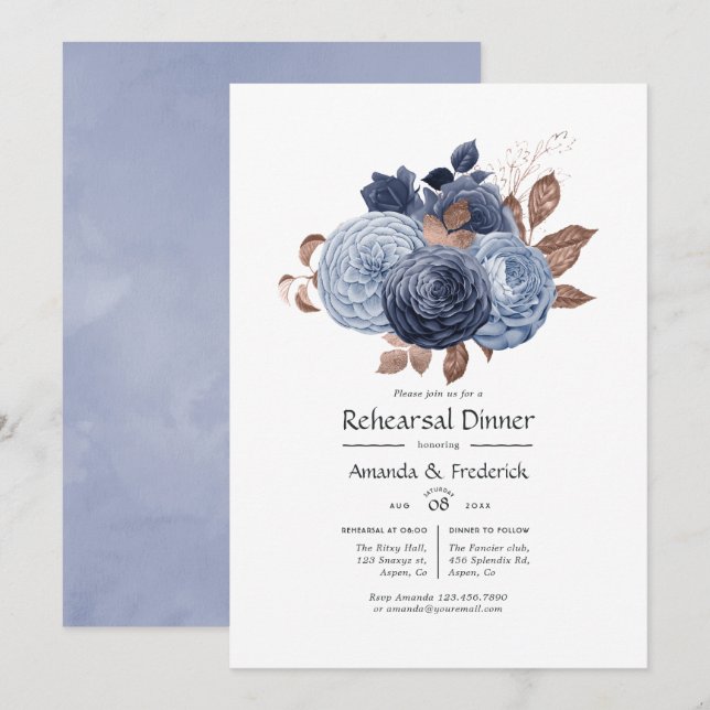 Dusty Blue und Rose Gold Floral Probe Dinner Einladung (Vorne/Hinten)