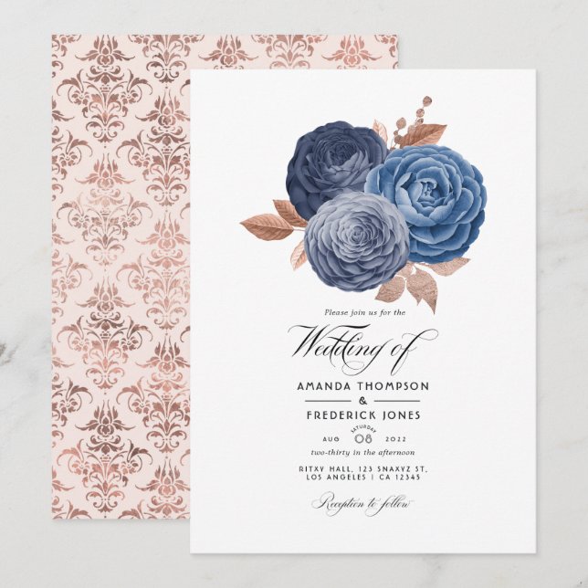 Dusty Blue und Rose Gold Floral Wedding Einladung (Vorne/Hinten)