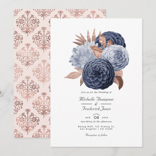 Dusty Blue und Rose Gold Floral Wedding Einladung (Vorne/Hinten)