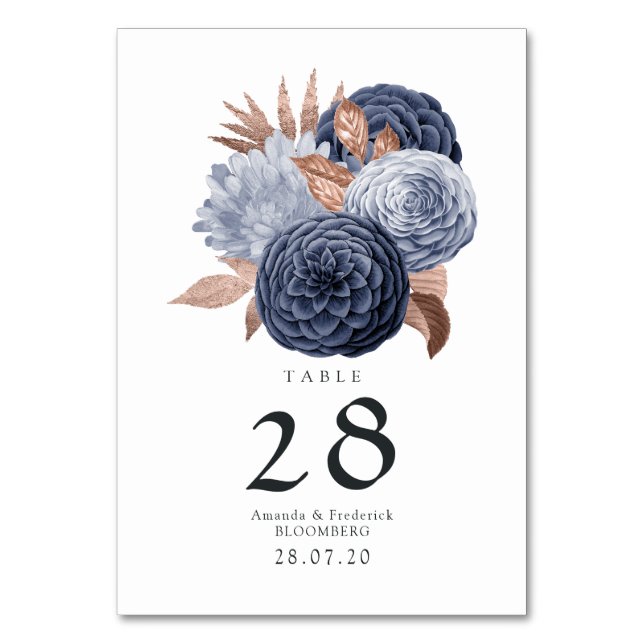 Dusty Blue und Rose Gold Floral Wedding Tischnummer (Vorderseite)