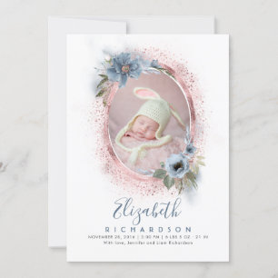 Dusty Blue und Rose Gold Foto Baby Birth Ankündigung
