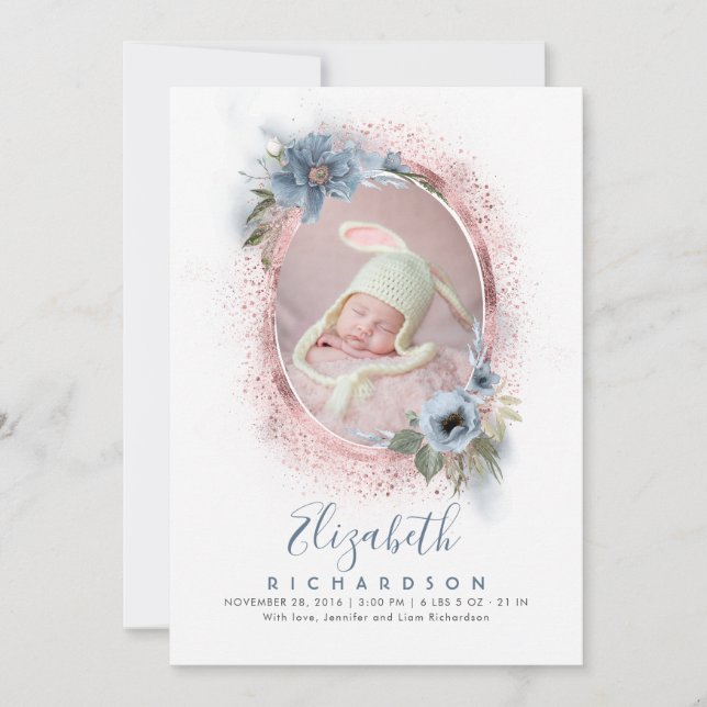 Dusty Blue und Rose Gold Foto Baby Birth Ankündigung (Vorderseite)