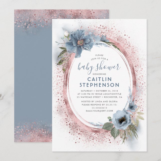 Dusty Blue und Rose Gold Glitzer Baby Dusche Einladung (Vorne/Hinten)