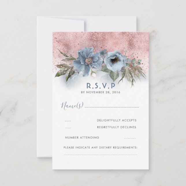 Dusty Blue und Rose Gold Glitzer Boho Wedding RSVP (Vorderseite)