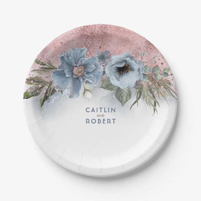 Dusty Blue und Rose Gold Glitzer Elegante Moderne Pappteller (Vorderseite)