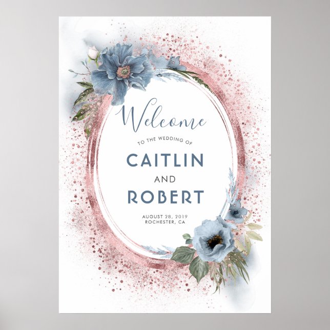 Dusty Blue und Rose Gold Glitzer Sign Poster (Vorne)