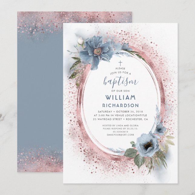 Dusty Blue und Rose Gold Glitzer Taufe Einladung (Vorne/Hinten)