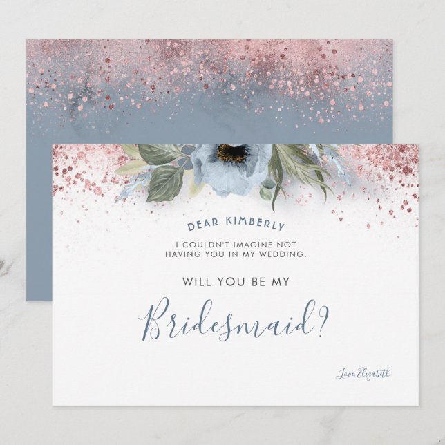 Dusty Blue und Rose Gold werden Sie meine Bridesma Einladung (Vorne/Hinten)