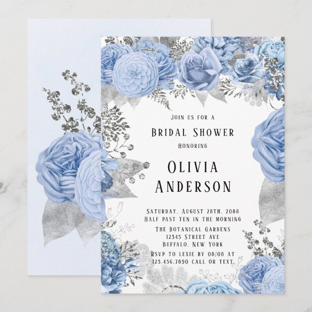 Dusty Blue und Silver Floral Brautparty Einladung (Vorne/Hinten)