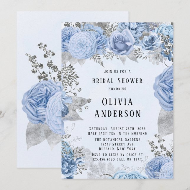 Dusty Blue und Silver Floral Brautparty Einladung (Vorne/Hinten)