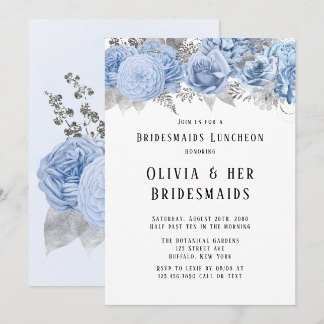 Dusty Blue und Silver Floral Bridesmaides Luncheon Einladung (Vorne/Hinten)