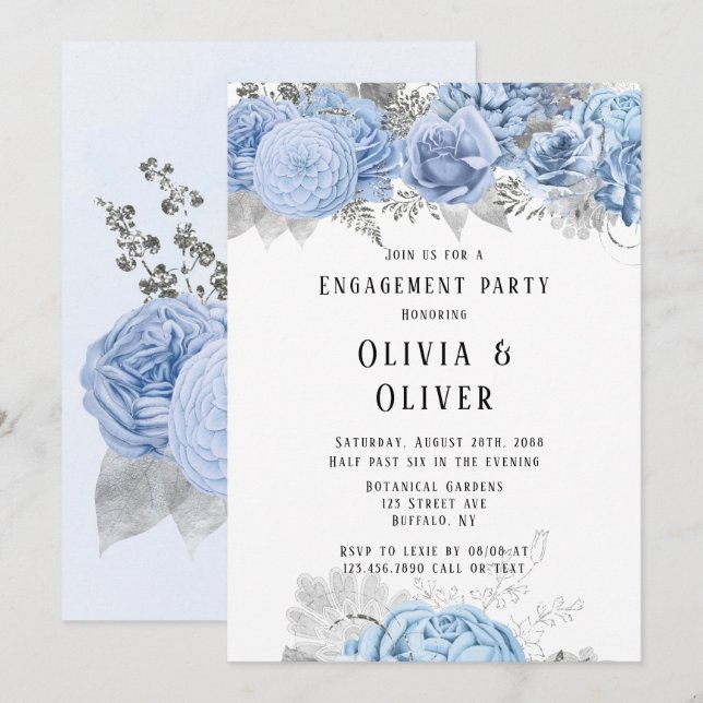 Dusty Blue und Silver Floral Engagement Party Einladung (Vorne/Hinten)