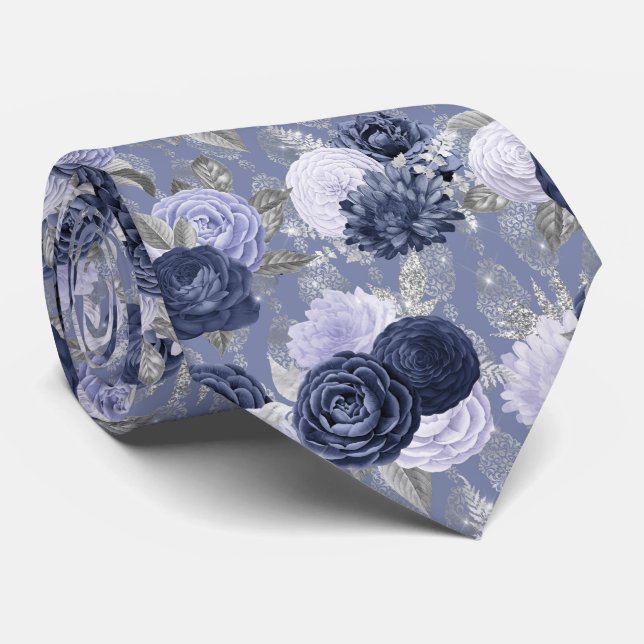 Dusty Blue und Silver Floral Wedding Neck Tie Krawatte (Gerollt)