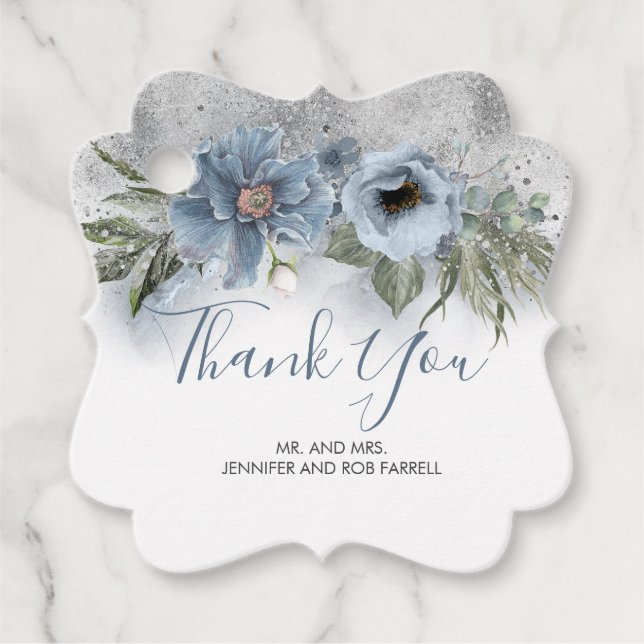 Dusty Blue und Silver Glitzer Elegante Blumenbeete Geschenkanhänger (Vorderseite)