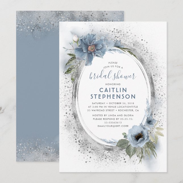 Dusty Blue und Silver Glitzer Floral Brautparty Einladung (Vorne/Hinten)