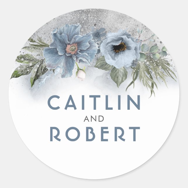 Dusty Blue und Silver Glitzer Floral Wedding Runder Aufkleber (Vorderseite)