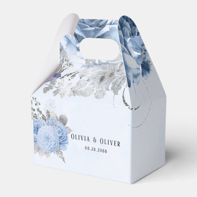 Dusty Blue und Silver Glitzer Florals Wedding Geschenkschachtel (Vorderseite)