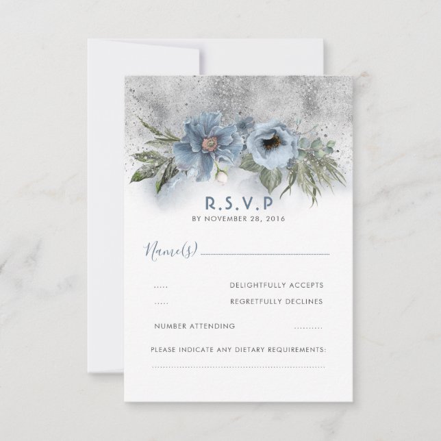 Dusty Blue und Silver Glitzer Modern Wedding RSVP Karte (Vorderseite)