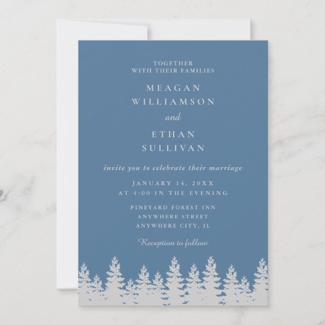 Dusty Blue und Silver Pine Trees Winter Wedding Einladung (Vorderseite)