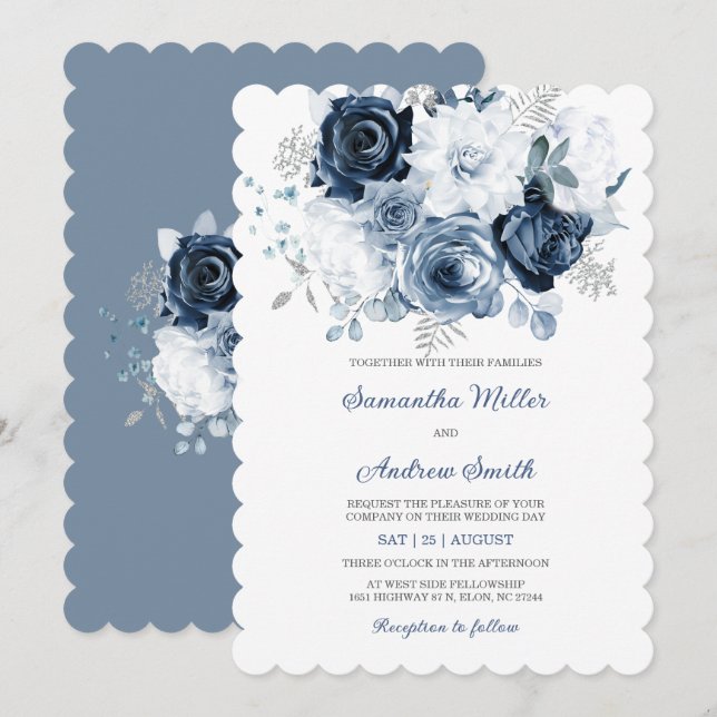 Dusty Blue und Silver Wedding Einladung (Vorne/Hinten)