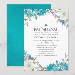 Dusty Blue und Türkis Floral Bat Mitzvah Einladung