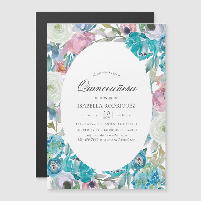 Dusty Blue und Türkis Floral Quinceñera Magneteinladung (Vorne/Hinten)
